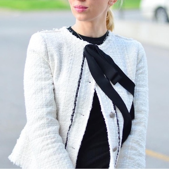 ZARA Ivory White Black Bow Tweed Blazer Jacket - Picture 10 of 12